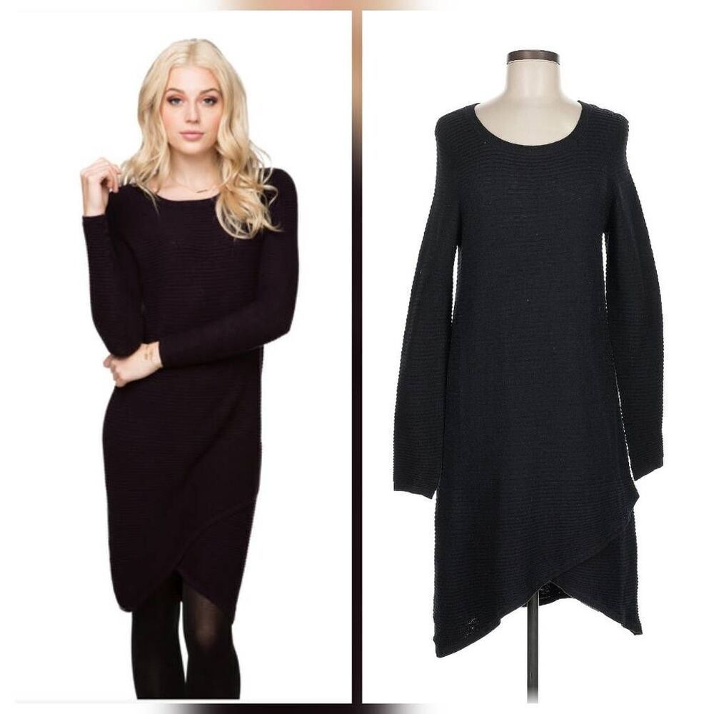 Subtle Luxury Aubrey Faux Wrap Sweater Dress Black Sz. M/L